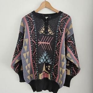 Vintage Geometric Patterned Henley Sweater Wool Mohair Acrylic Made In Italy